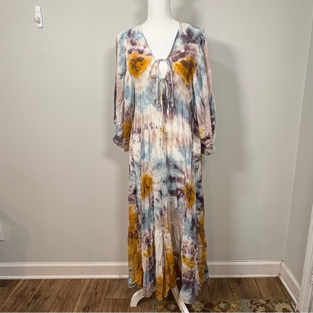 Boho Tie Dye Maxi Dress Womens Small Cottagecore Festival Flowy